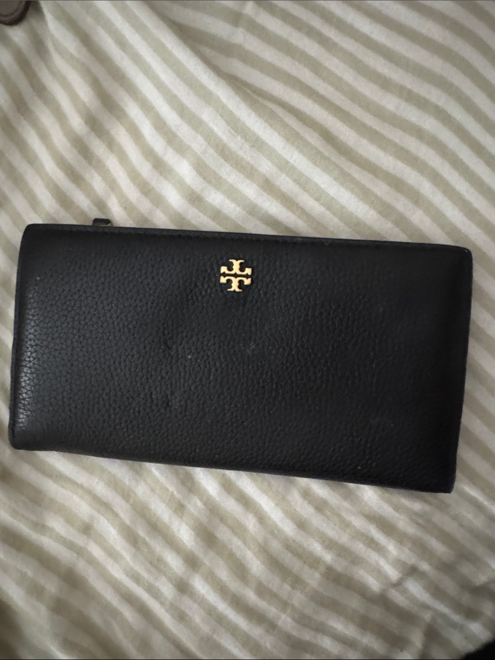 Tory Burch Black Pebbled Leather Zip Continental Wallet with Gold Logo